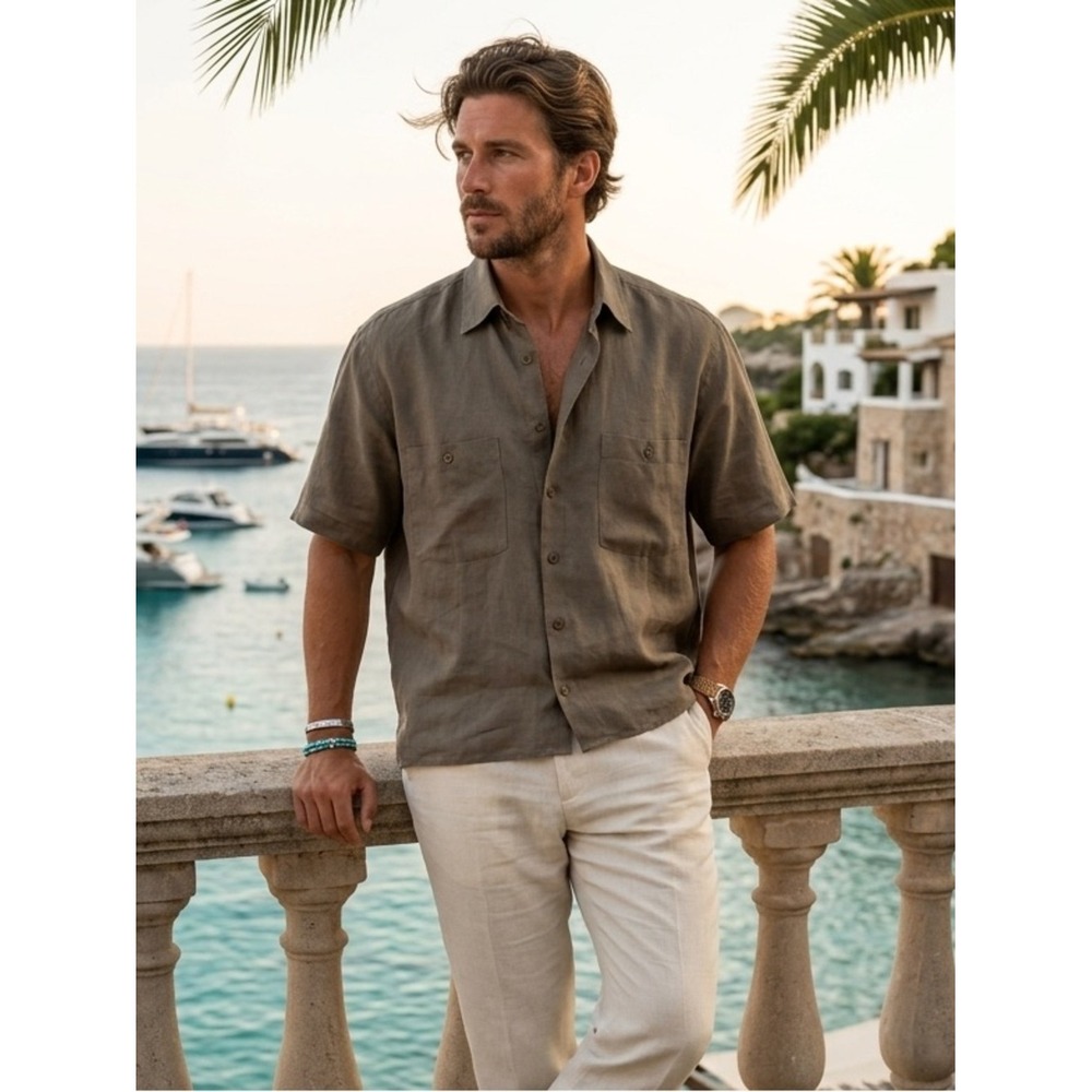 Scott Barber Olive Brown 100% Linen Short Sleeve Button Up L Euro Summer Coastal